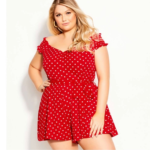 CITY CHIC Playsuit Romper Red Love Spot Polka Dot Belted NWT Size 16 - Picture 1 of 13